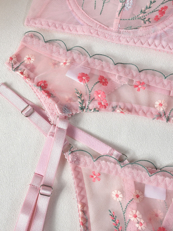 Embroidered Mesh Four-Piece Lingerie Set – Sexy & Elegant Lace Design