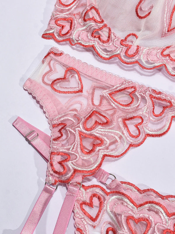 Love Embroidered Pink Lingerie Set – Four-Piece, Lace Details, Sexy Fit