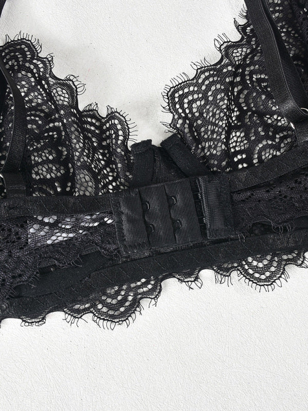 Lace See-Through Three-Piece Lingerie Set with Leg Ring – Black