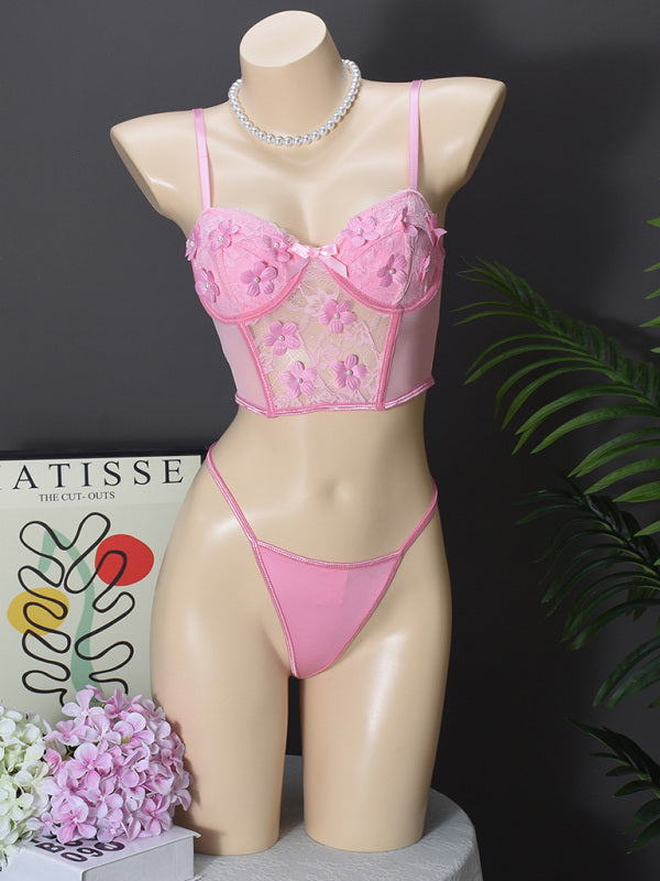 Floral Embroidered Lingerie Set with Bow – Sexy Sheer Mesh Bra & Panty