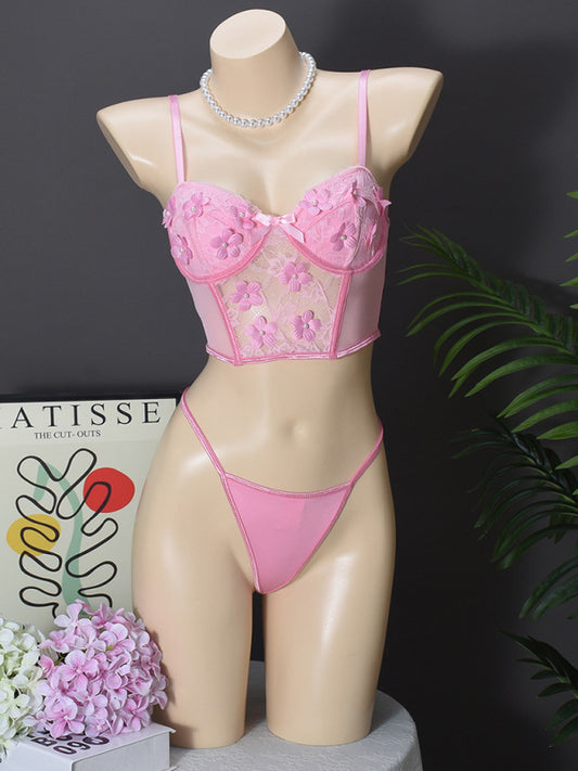 Floral Embroidered Lingerie Set with Bow – Sexy Sheer Mesh Bra & Panty