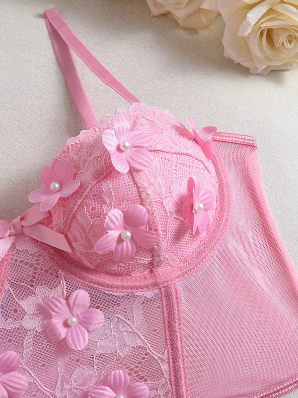 Floral Embroidered Lingerie Set with Bow – Sexy Sheer Mesh Bra & Panty