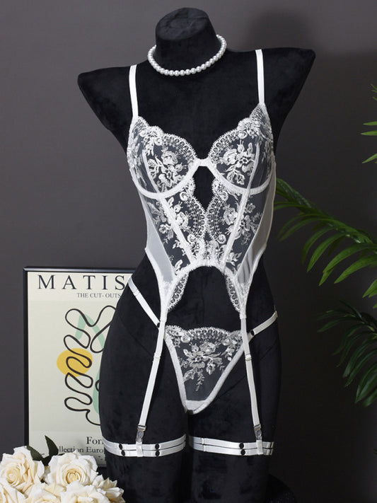 Embroidered White Lingerie Set – Fishbone Corset, Bra & Panty 3-Piece