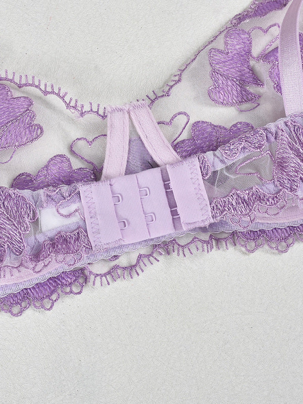 Heart-Shaped Embroidered Four-Piece Lingerie Set – Sheer Lace & Adjustable Fit