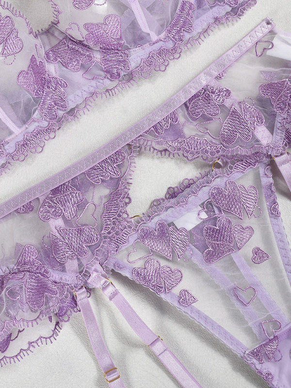Heart-Shaped Embroidered Four-Piece Lingerie Set – Sheer Lace & Adjustable Fit