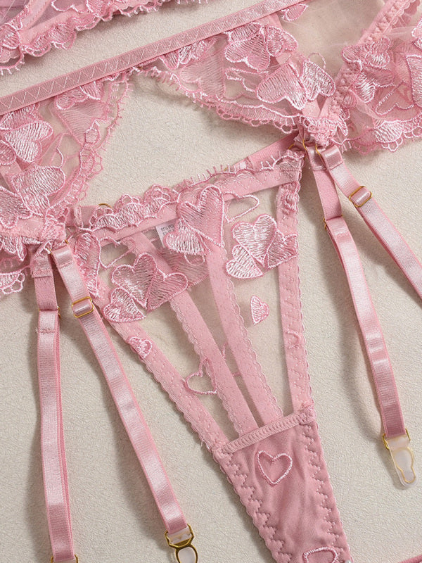 Heart-Shaped Embroidered Four-Piece Lingerie Set – Sheer Lace & Adjustable Fit