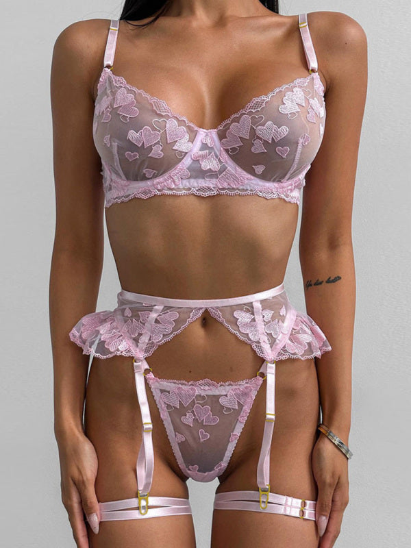 Heart-Shaped Embroidered Four-Piece Lingerie Set – Sheer Lace & Adjustable Fit