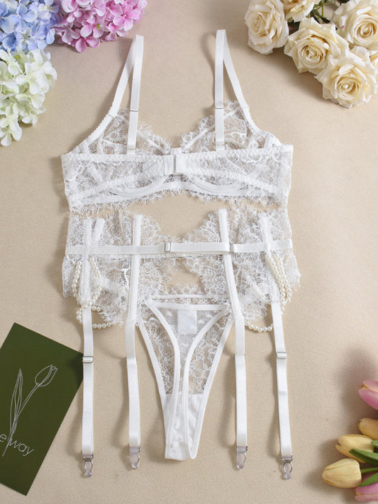 Lace Pearl Bra Set with Removable Fishbone Waist – Handmade Eyelash Detail