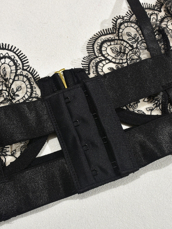 Embroidered Sheer Lingerie Set with Metal Button Detail – Red, White, Black