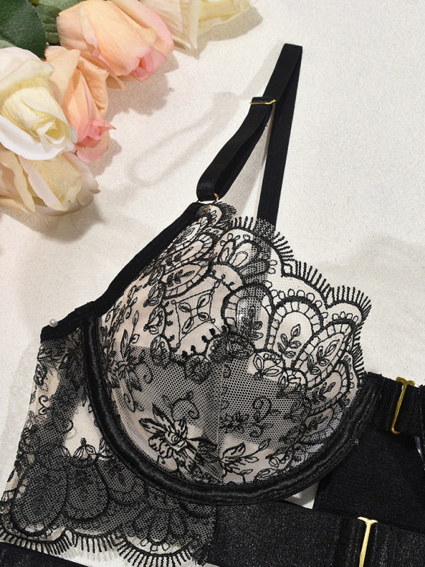 Embroidered Sheer Lingerie Set with Metal Button Detail – Red, White, Black