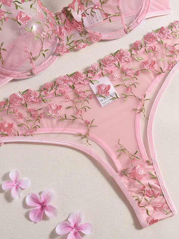 Floral Embroidered Lingerie Set – Sheer Bra & Panty in Pink