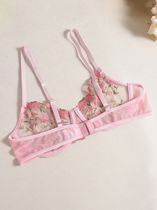 Floral Embroidered Lingerie Set – Sheer Bra & Panty in Pink