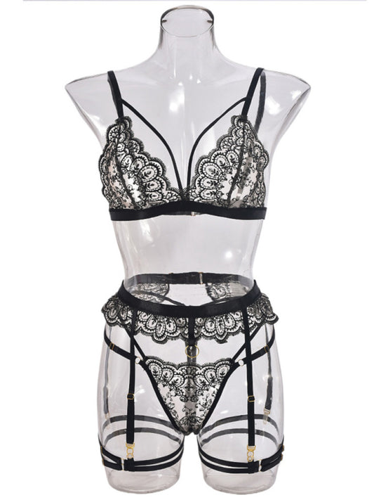 Embroidered Lace Lingerie Set – Hollow Chest Design, Sexy Four-Piece Ensemble