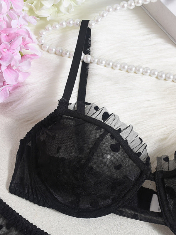 Sheer Lace Lingerie Set with Heart Flocking – Ultra-Thin & Sexy