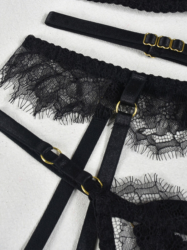 Eyelash Lace 3-Piece Lingerie Set – Sexy Elegant Bra, Panty & Garter Belt