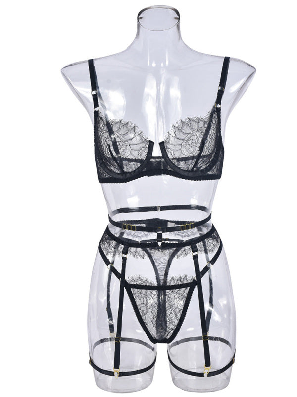 Eyelash Lace 3-Piece Lingerie Set – Sexy Elegant Bra, Panty & Garter Belt