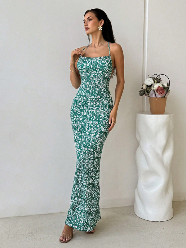 Floral Backless Fishtail Maxi Dress – Sleeveless, Open-Back Holiday Look