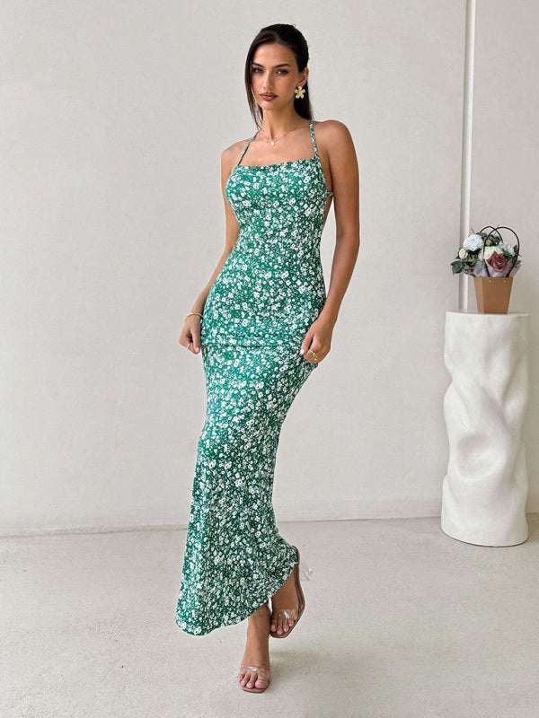 Floral Backless Fishtail Maxi Dress – Sleeveless, Open-Back Holiday Look