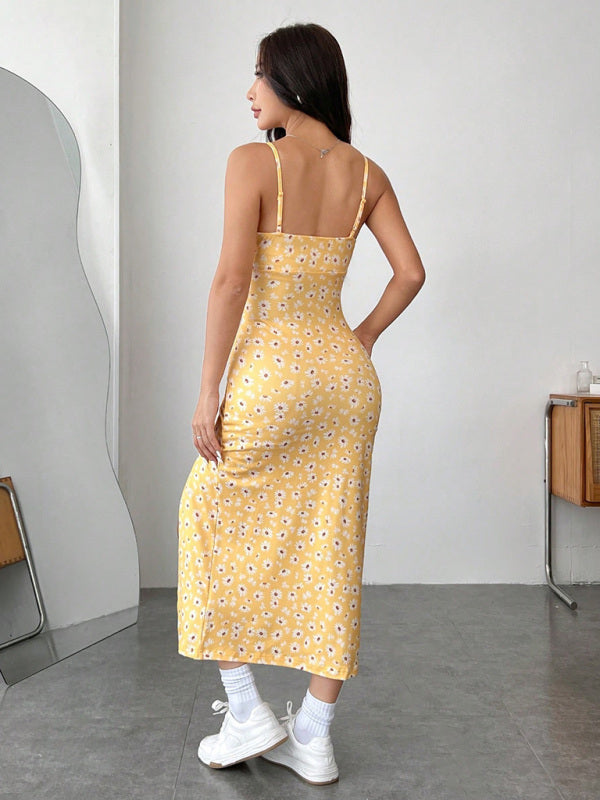 Vestido midi floral de vacaciones – diseño sin mangas de punto en amarillo
