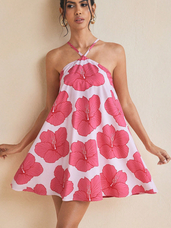 Women's sexy halter neck long swing printed short dress