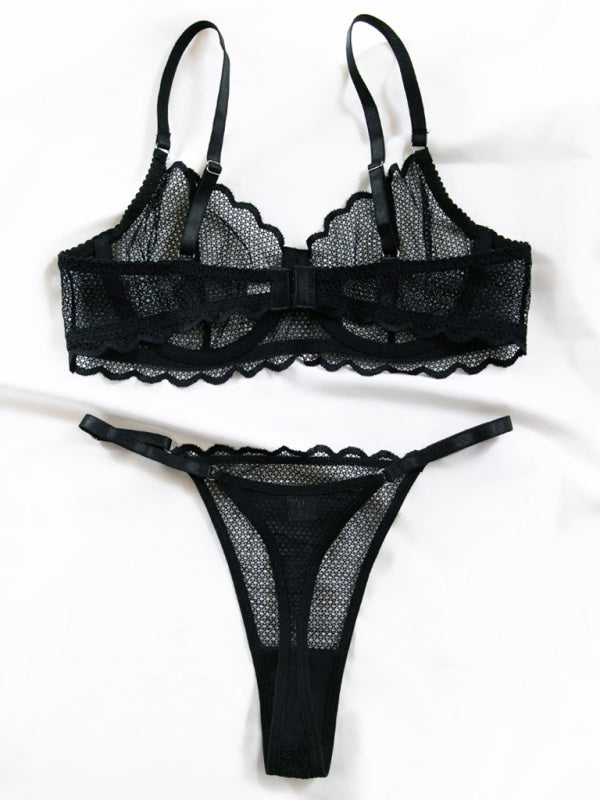 Lace Hollow Lace Lingerie Set – Sheer Wave Design with Moderate Stretch