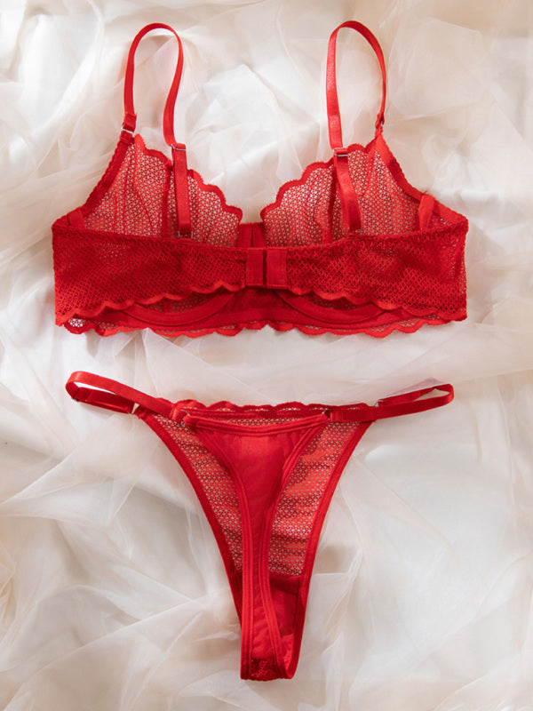 Lace Hollow Lace Lingerie Set – Sheer Wave Design with Moderate Stretch
