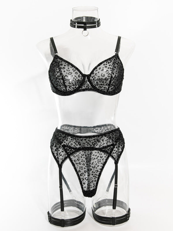 Leopard Mesh Lingerie Set – Sheer Suspender Bra & Panty – Spring Sexy Look