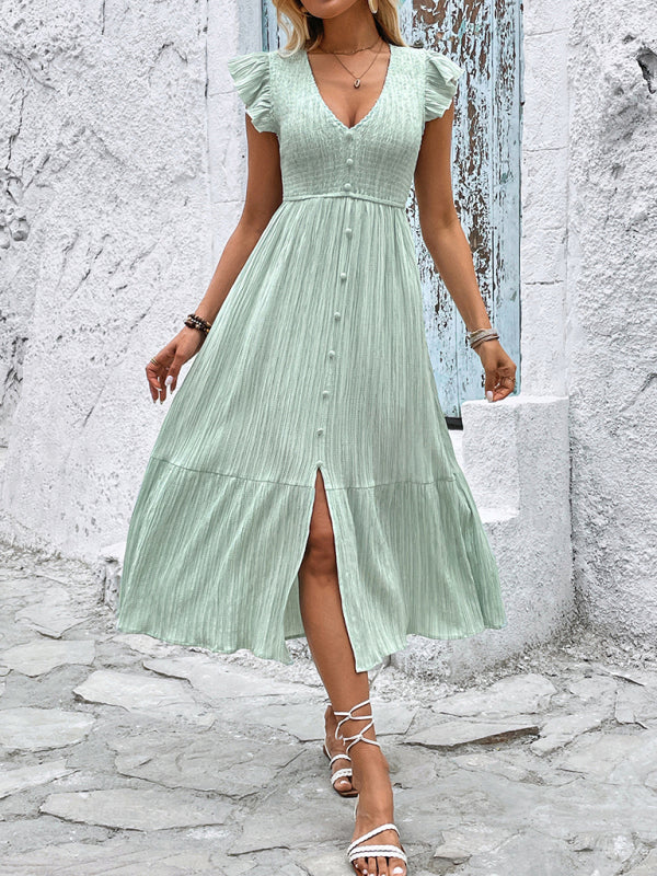 Vestido midi verde claro con escote en V y abertura – ajuste diario de rayón tejido