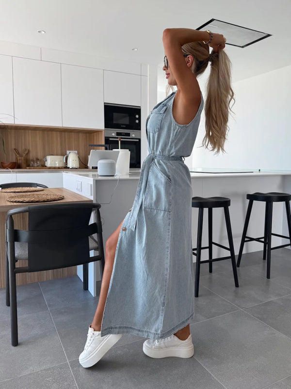 Sleeveless Denim Midi Dress – Tie Waist, Button-Front, Spring-Summer Style