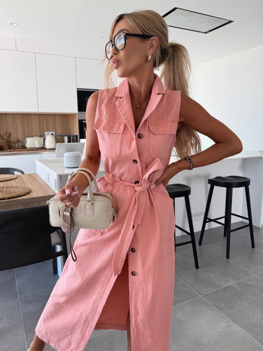 Sleeveless Denim Midi Dress – Tie Waist, Button-Front, Spring-Summer Style