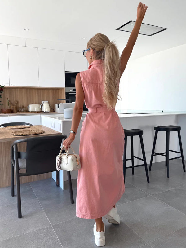 Sleeveless Denim Midi Dress – Tie Waist, Button-Front, Spring-Summer Style
