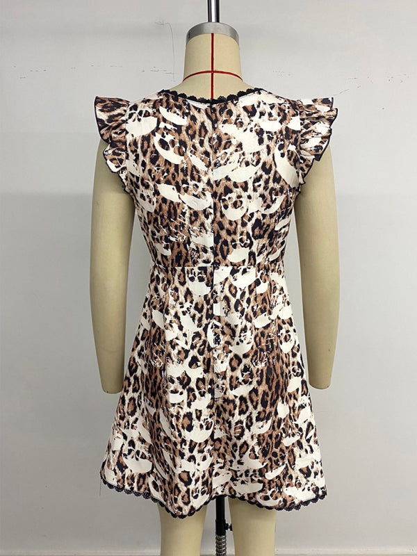 Lace Flutter Sleeve V-Neck Leopard Print Dress – Lightweight Daily Midi