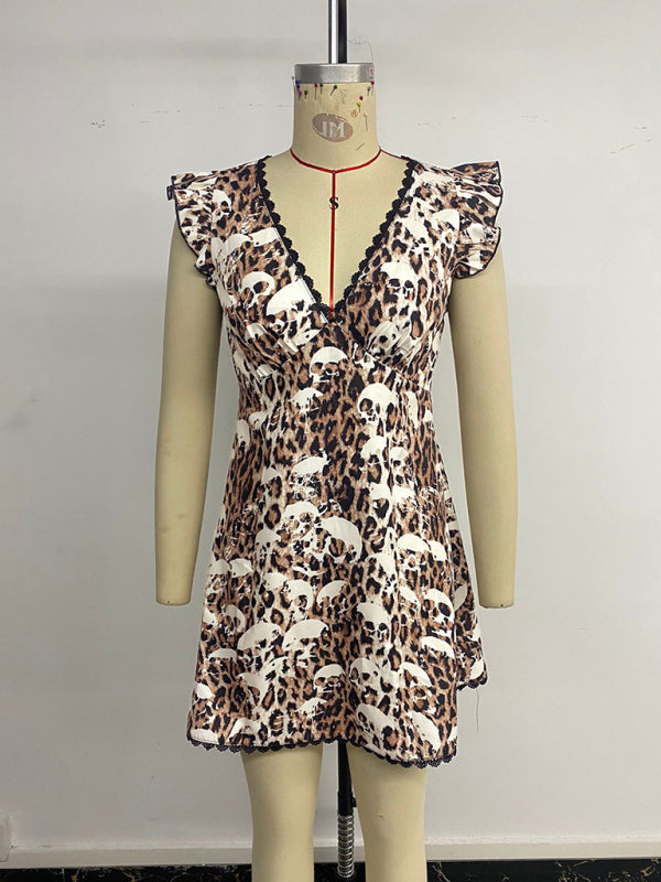Lace Flutter Sleeve V-Neck Leopard Print Dress – Lightweight Daily Midi