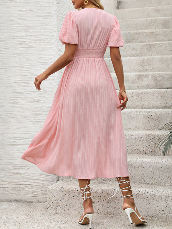 Textured V-Neck Slit Midi Dress – Woven Rayon, Chic Daily Style