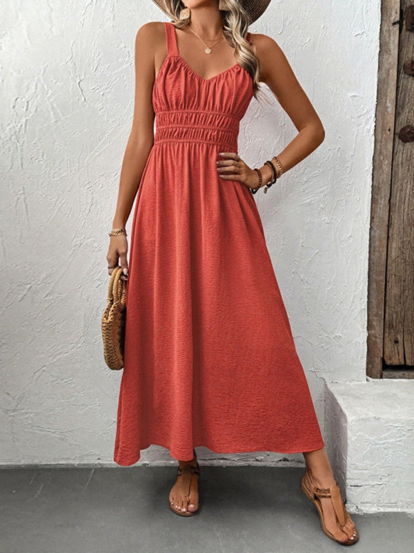 Strapless Pleated Midi Dress – Dark Red Woven Sleeveless Style for Daily Wear