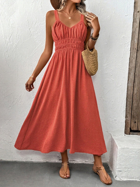 Strapless Pleated Midi Dress – Dark Red Woven Sleeveless Style for Daily Wear