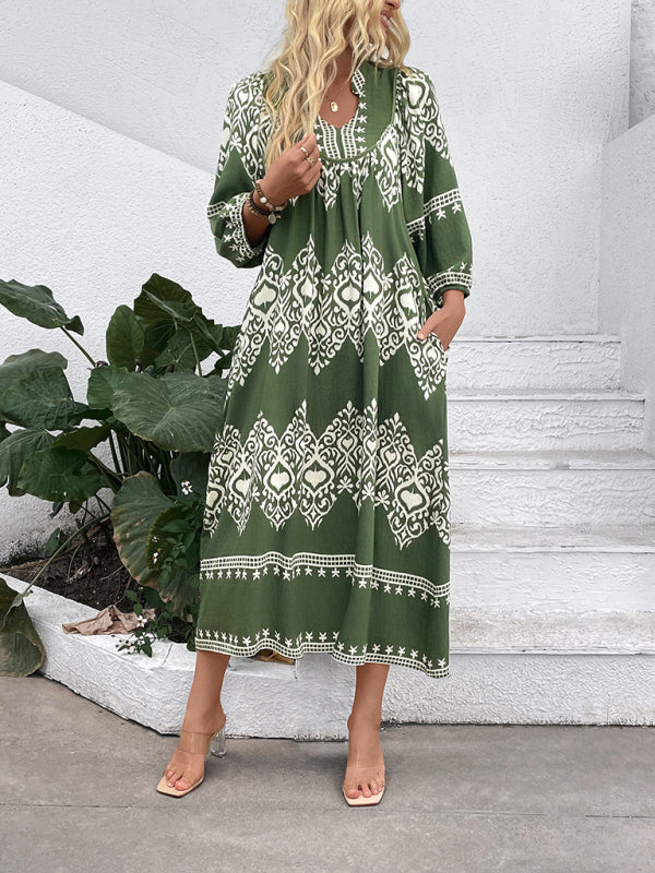 Casual holiday ethnic style geometric print loose dress