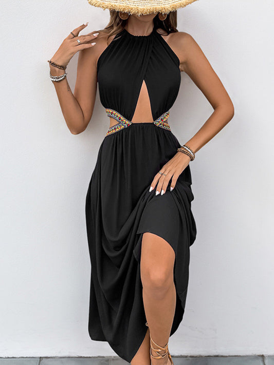 Waist-Baring Hollow Tie Midi Vacation Dress – Black Rayon, No Stretch