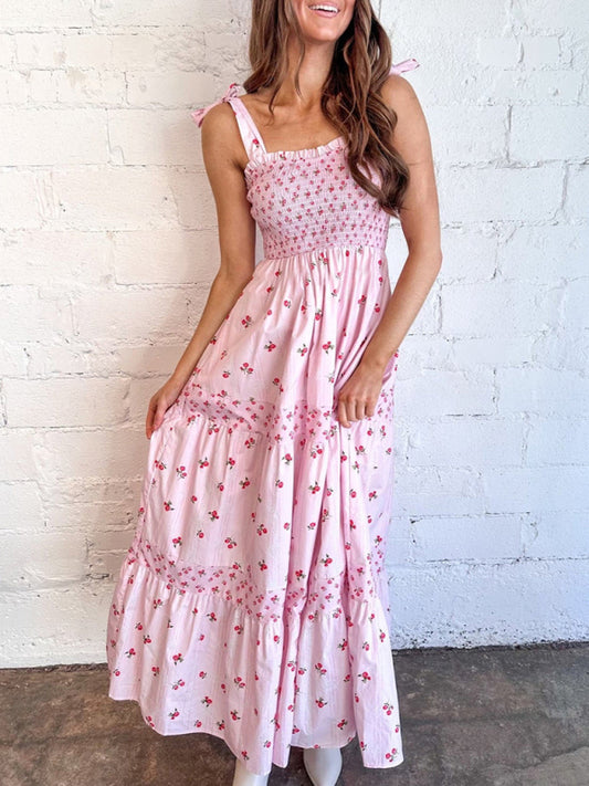 Pink Printed Cake Dress – Tiered Hem, Woven Fabric, Spring-Summer Style