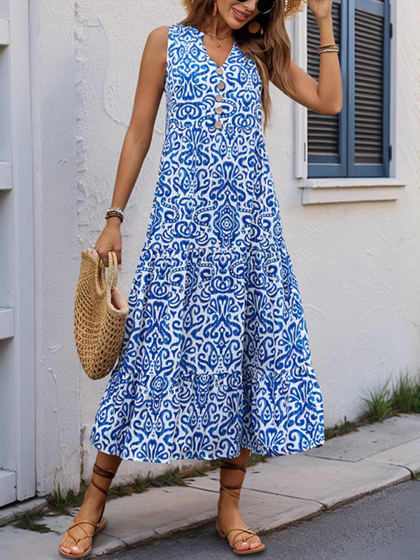 Sleeveless V-Neck Button-Front Midi Dress – Lightweight Rayon for Summer