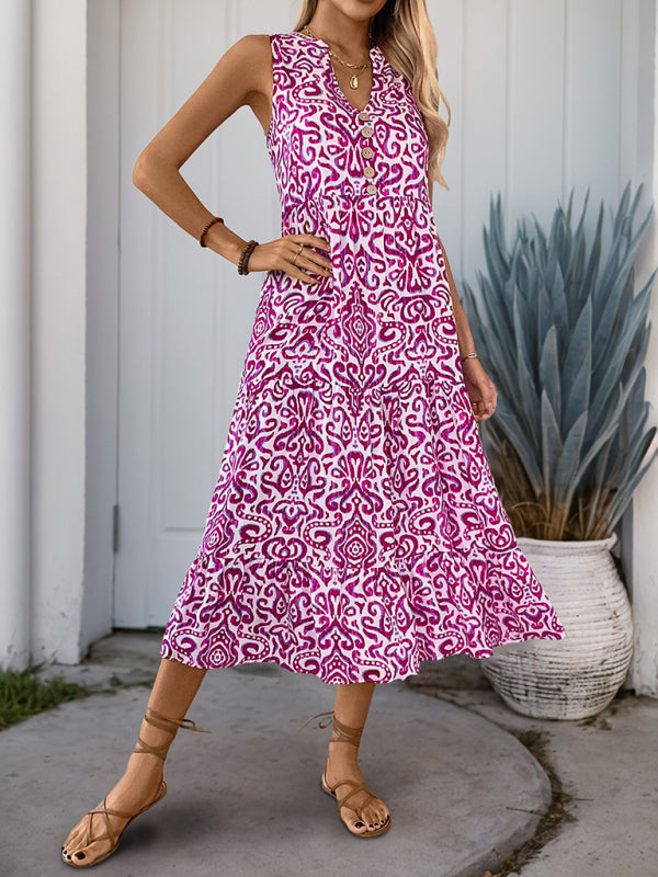 Sleeveless V-Neck Button-Front Midi Dress – Lightweight Rayon for Summer