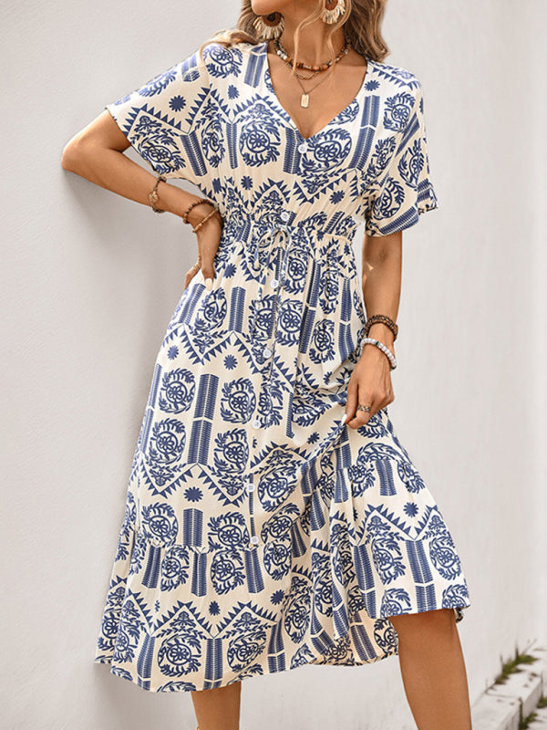 Ethnic Print A-Line Midi Dress – Rayon, Boho Style
