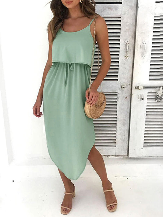 Solid Color Slit Midi Suspender Dress – High Waist & Layered Look