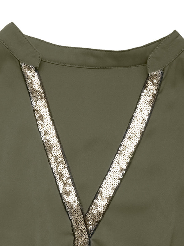 Sequined Olive Green V-Neck Midi Dress – Lightweight Spring Style