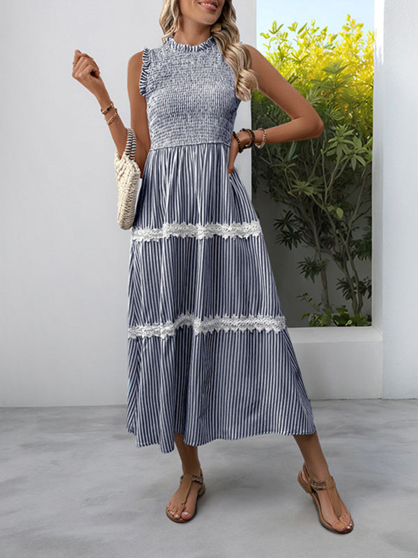 Striped Sleeveless Ruffle Neck Midi Dress