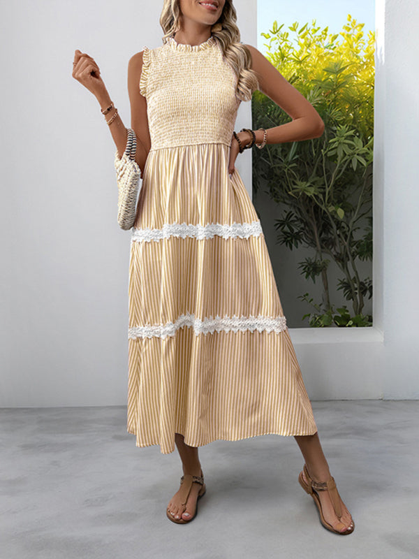 Striped Sleeveless Ruffle Neck Midi Dress