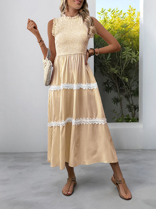 Striped Sleeveless Ruffle Neck Midi Dress