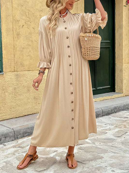 Khaki Button-Front Midi Dress – Lightweight Woven Rayon, Vintage-Inspired Spring Style
