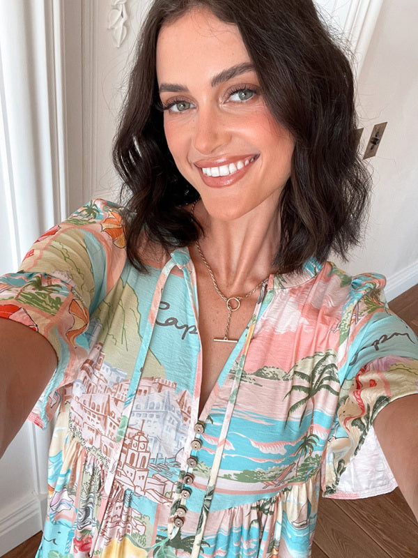 Bohemian Floral Short Sleeve Dress – Lightweight Daily Style for Spring & Summer
