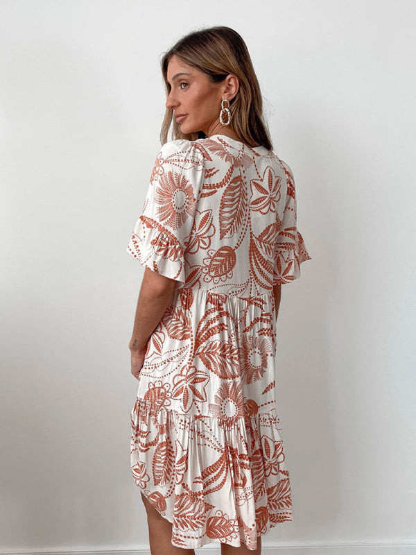 Bohemian Floral Short Sleeve Dress – Lightweight Daily Style for Spring & Summer